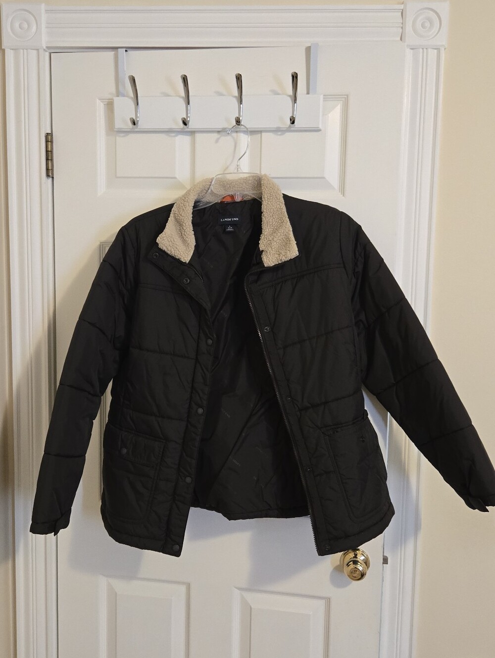 Womens Lands' End Brown Quilted Puffer Jacket with Cream Sherpa Collar